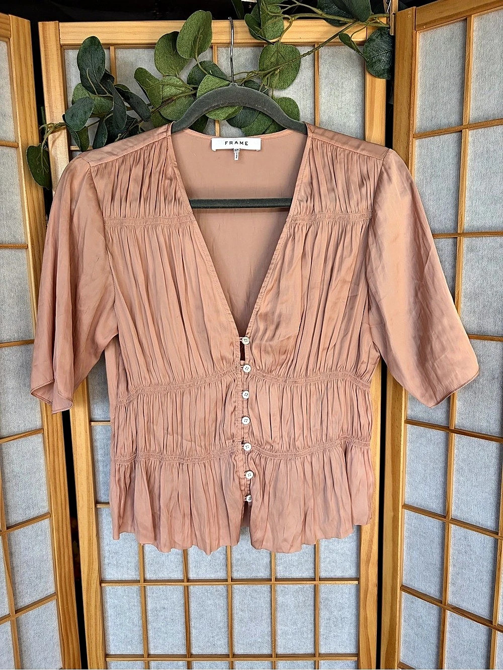 FRAME V-Neck Blouse Polyester Gathered Blouse in Pink